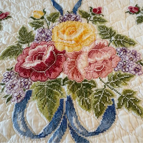 Vintage Quilt Embroidered Handsewn Cross Stitch Bedspread Flowers Ribbons 84x84” - Picture 8 of 13